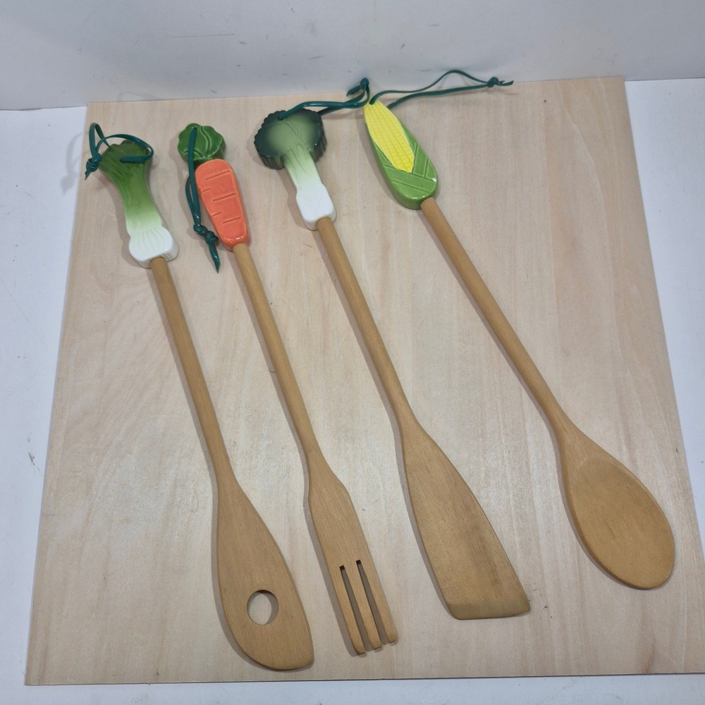 Set‎ of 4 Wooden Kitchen Utensils with Ceramic Vegetable Handles